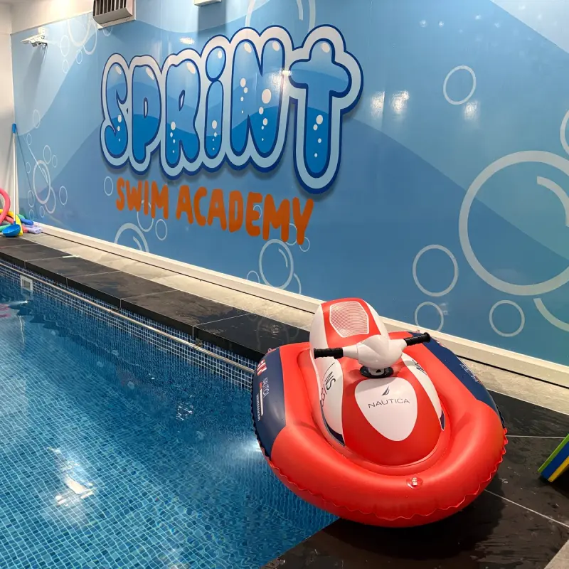 Mini jet skis in the pool at Sprint Swim Academy